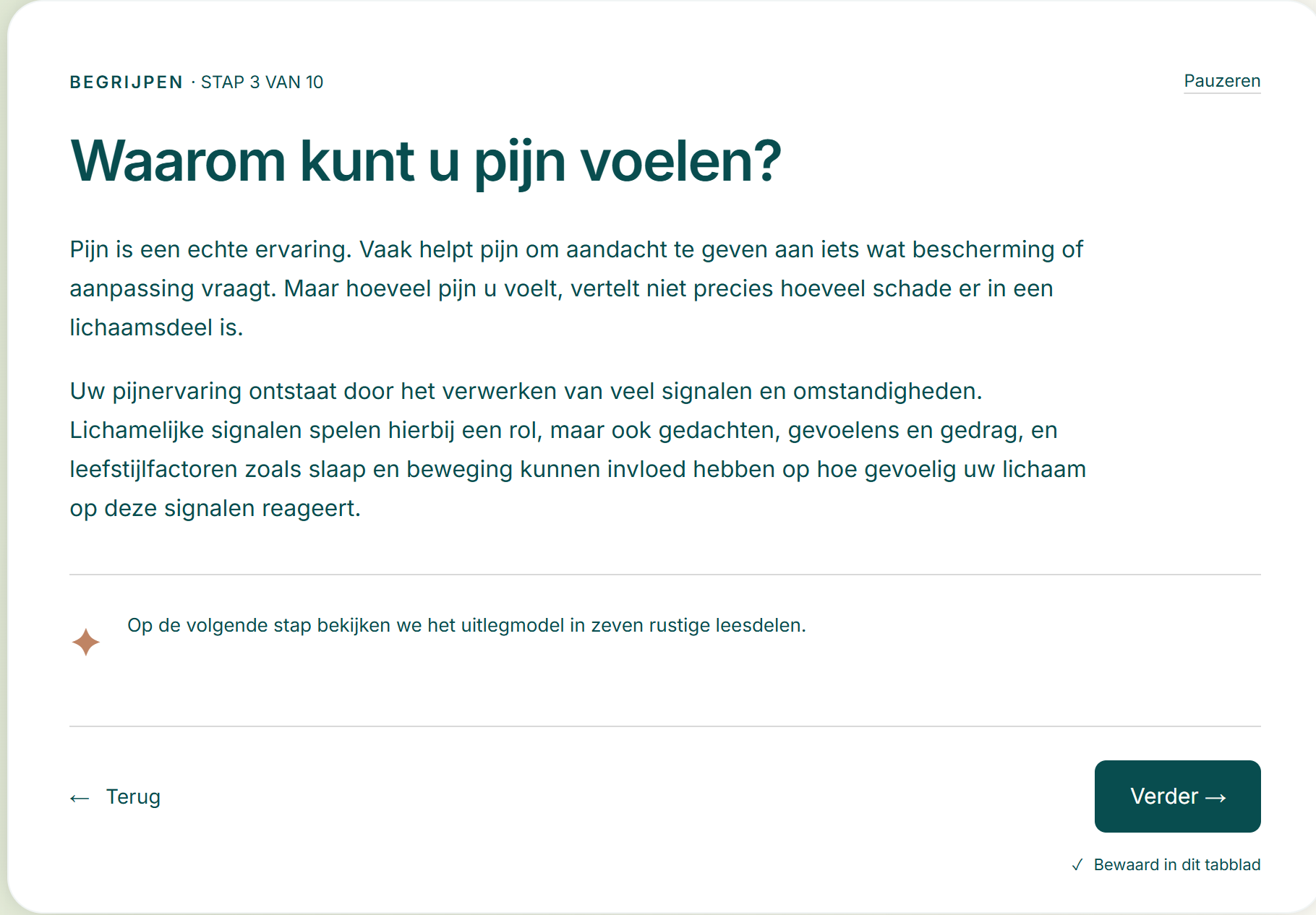 Uitleg uit de educatiemodule: pijn is een echte ervaring en de hoeveelheid pijn vertelt niet precies hoeveel schade er is.