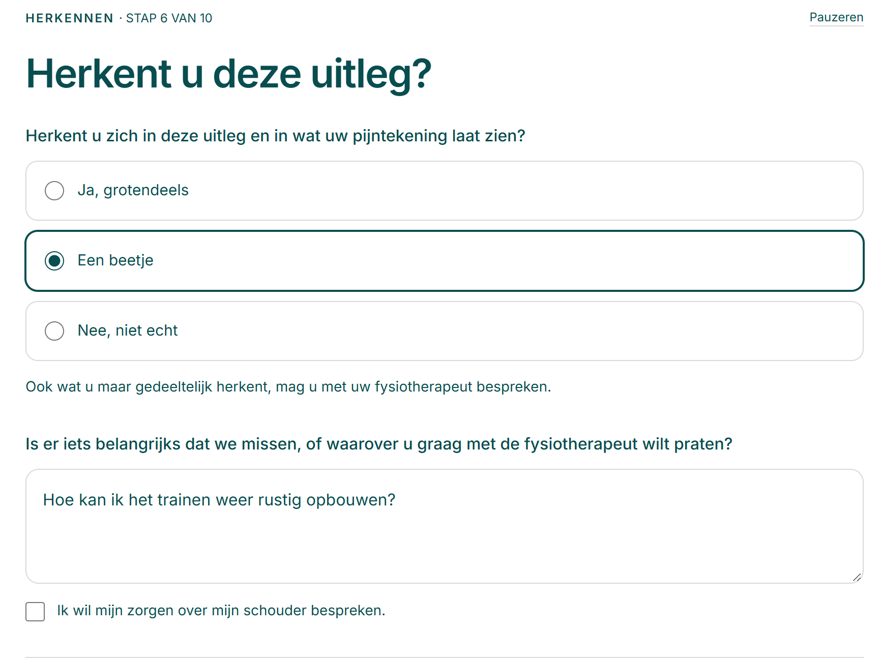 De patiënt noteert een vraag voor het consult: hoe kan ik het trainen weer rustig opbouwen?